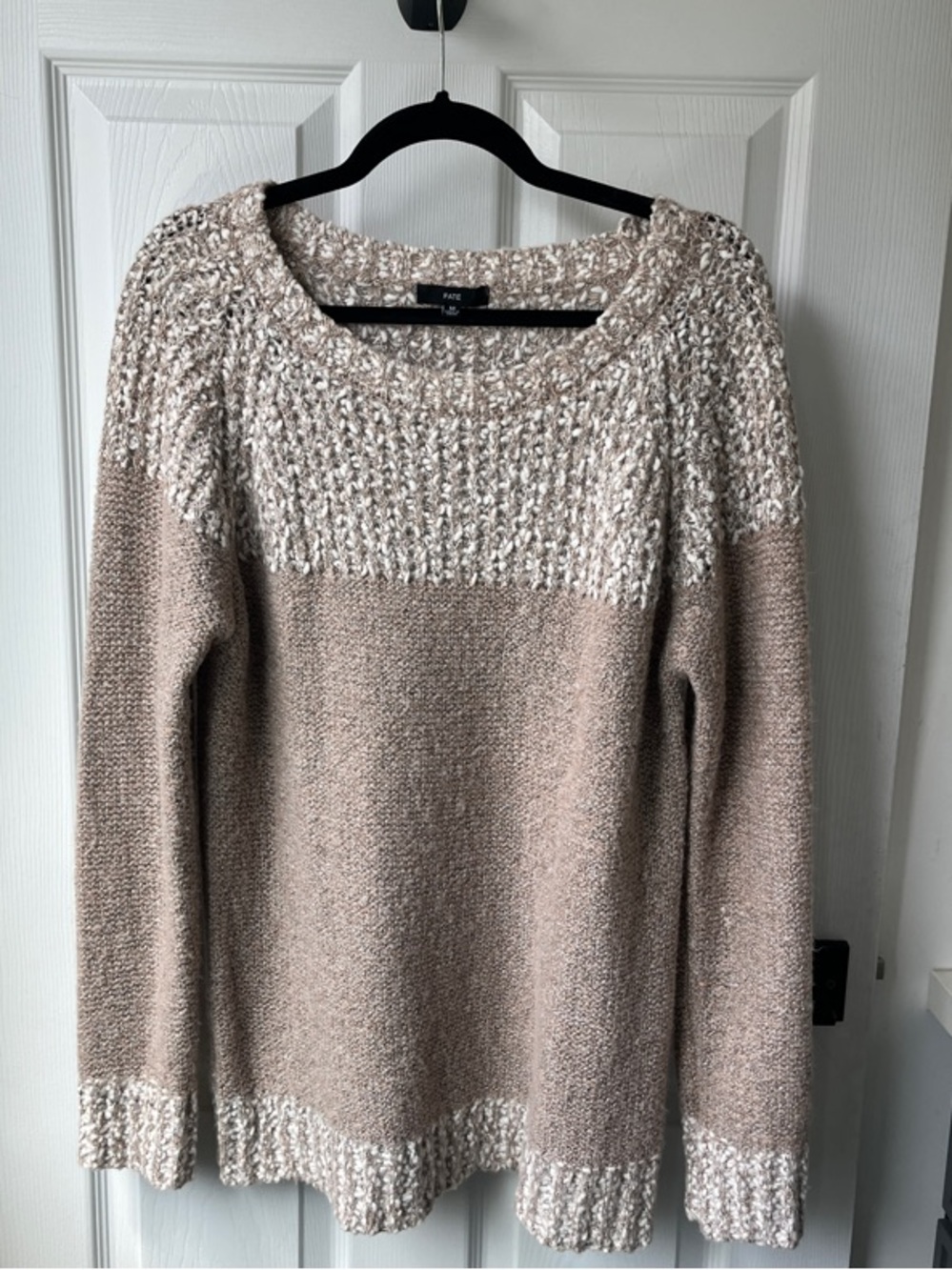 Fate Beige and Cream Two-Tone Scoopneck Knit Sweater
